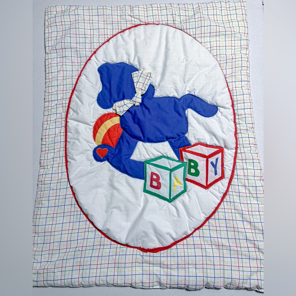 VINTAGE Beautiful Appliqué Baby Blanket Blue Rocking Horse with Blocks.